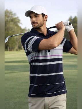 Mens Nike Golf dri-fit polo shirt sz M Blue Striped Quarter Button Purple Logo
